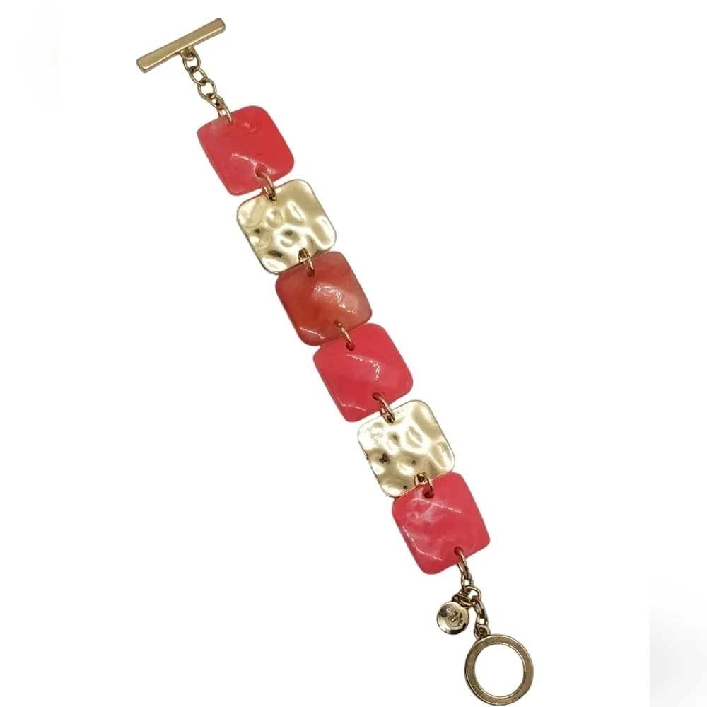 Vintage Swarovski Pink Resin & Hammered Gold Square Link Toggle Bracelet